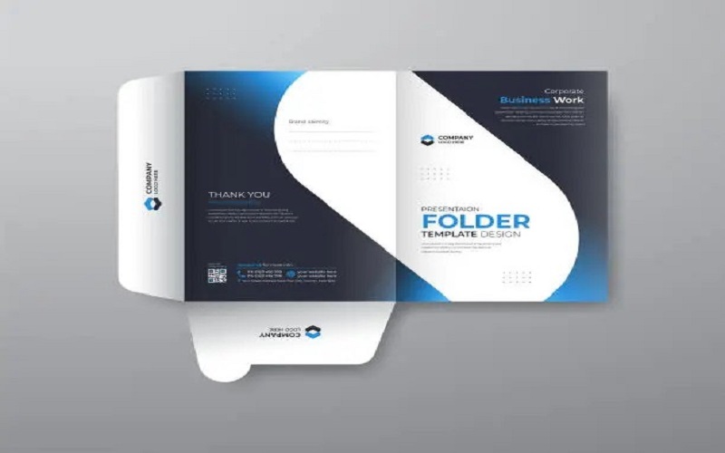 Business folder for files, presentation folder blue color design. the layout is for posting Information about the comapany, corporate folder, text, modern, Creative.